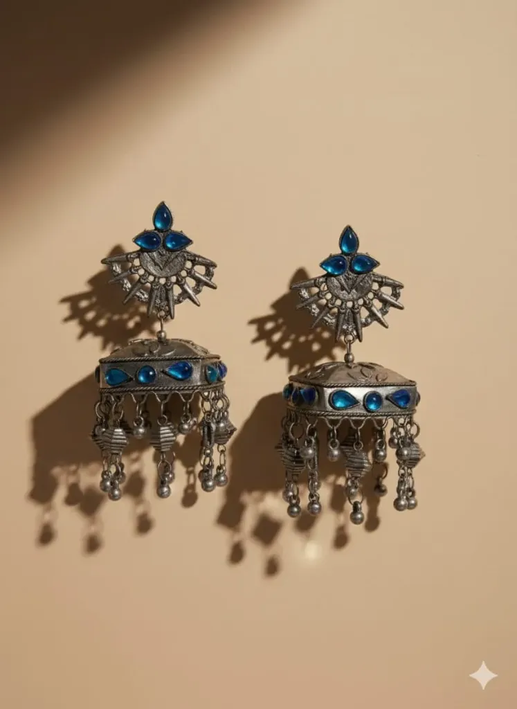 Oxidized Silver Square Jhumka Earrings with Blue Stones