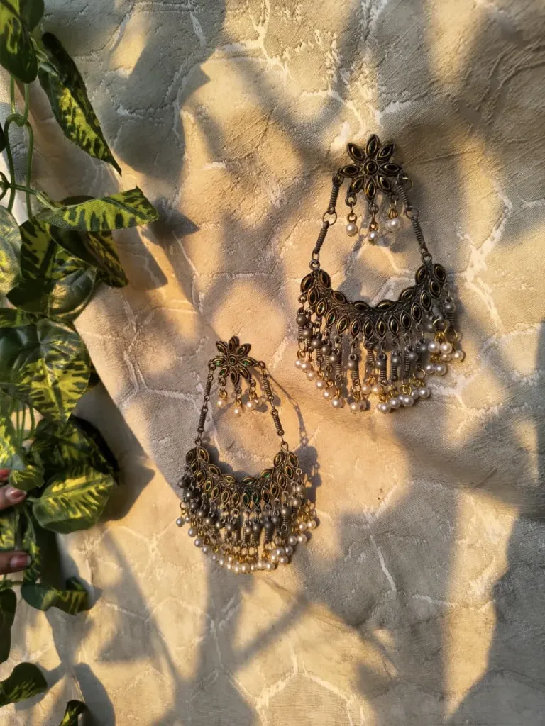 chandbali with green enamel